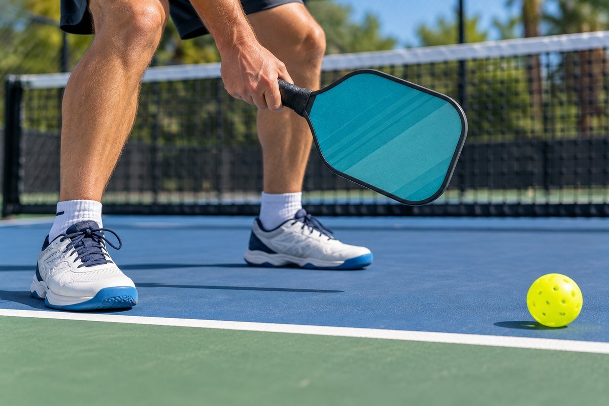 Pickleball kitchen rules: a player stops with both feet a few inches behind the kitchen line