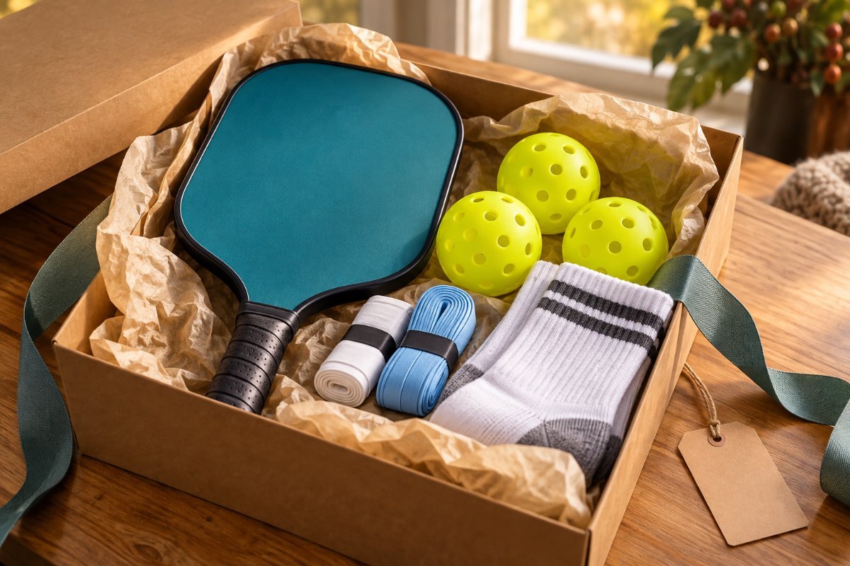 Gifts for pickleball players in an opened gift box: teal paddle, outdoor balls, overgrips and court socks