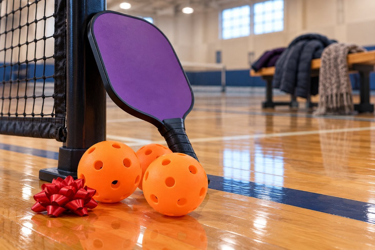 Indoor pickleball balls with large holes on a gym floor, a winter idea among gifts for pickleball players