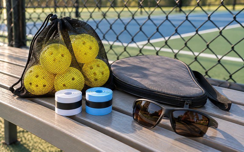 Mesh bag of pickleballs, overgrip rolls, a paddle cover and sunglasses on a courtside bench