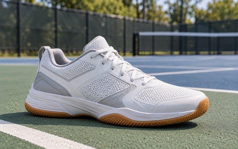 White court shoe with a gum rubber sole on an outdoor pickleball court