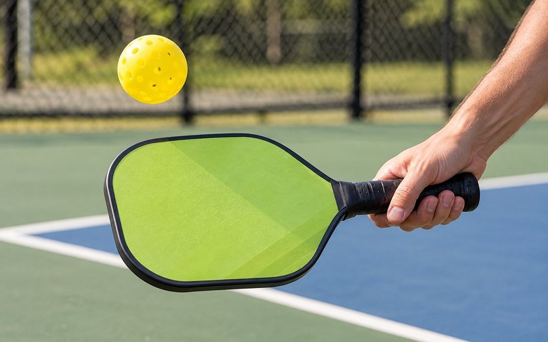 Hand holding a lime green pickleball paddle as a ball comes toward it