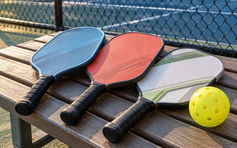 Blue, coral red and white pickleball paddles on a courtside bench
