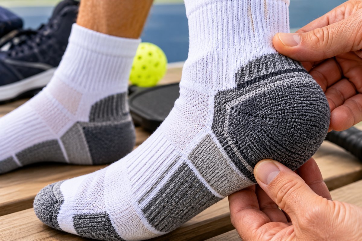 Close-up of a pickleball sock showing zoned heel cushioning construction