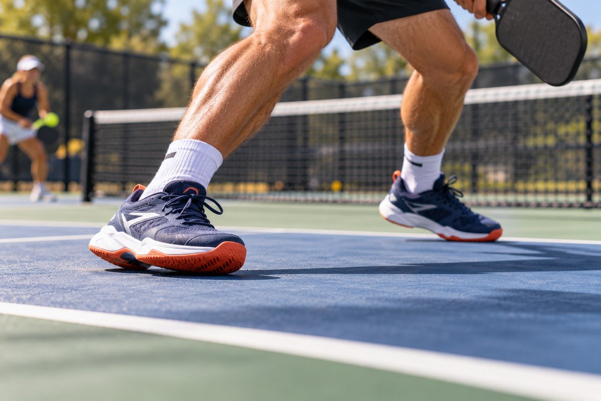 Best pickleball socks in action: a player in a lateral lunge on an outdoor court wearing quarter-length socks and court shoes
