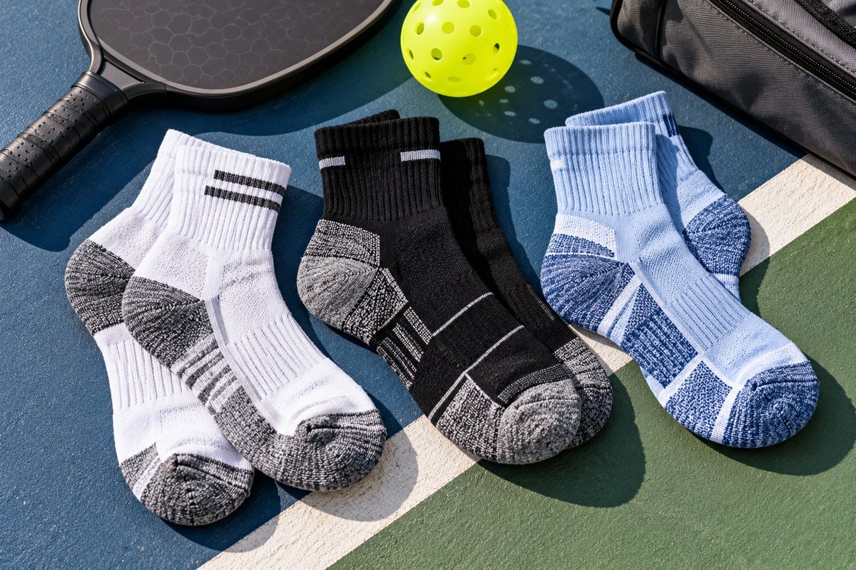 Three pairs of pickleball socks in different colors laid out next to a paddle and ball