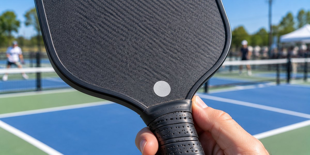 Hand holding a carbon pickleball paddle with a small round label near the handle