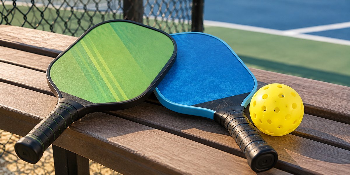 Green and blue pickleball paddles on a courtside bench with a yellow ball