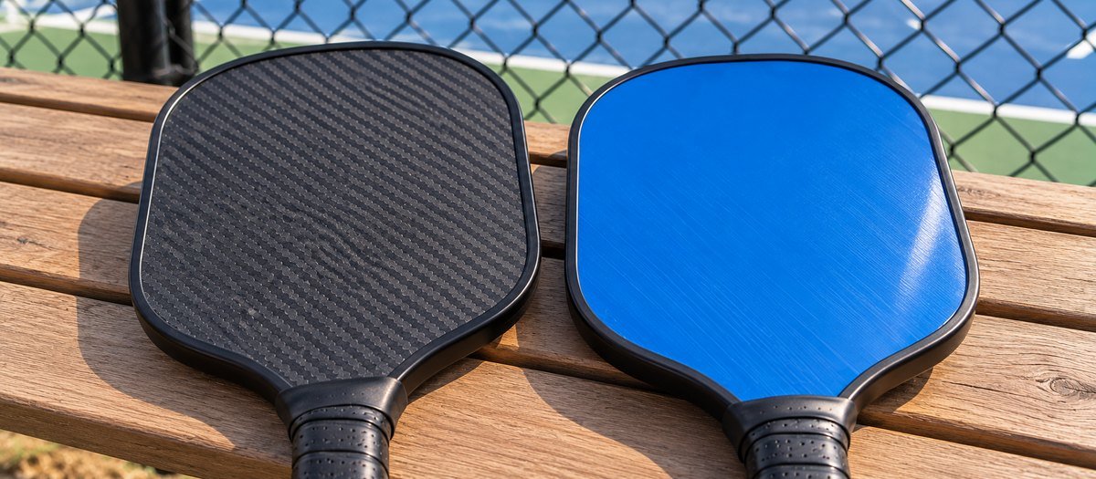 Carbon fiber and blue fiberglass pickleball paddle faces side by side