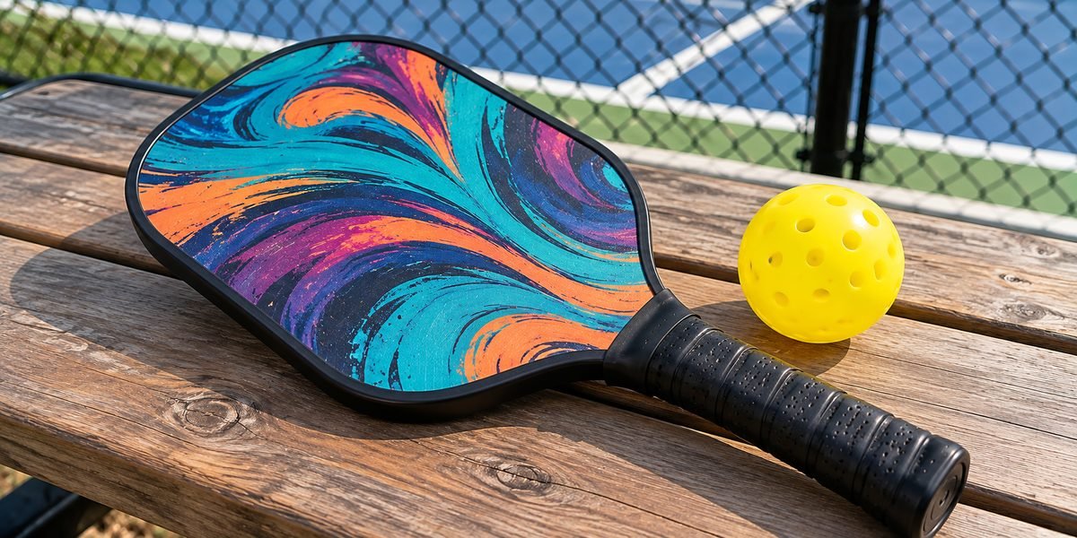 Pickleball paddle with a custom swirl design on a bench with a ball