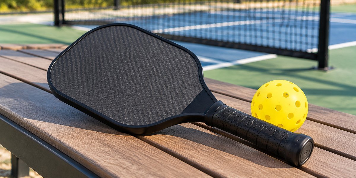 Black carbon face pickleball paddle on a bench beside a yellow ball