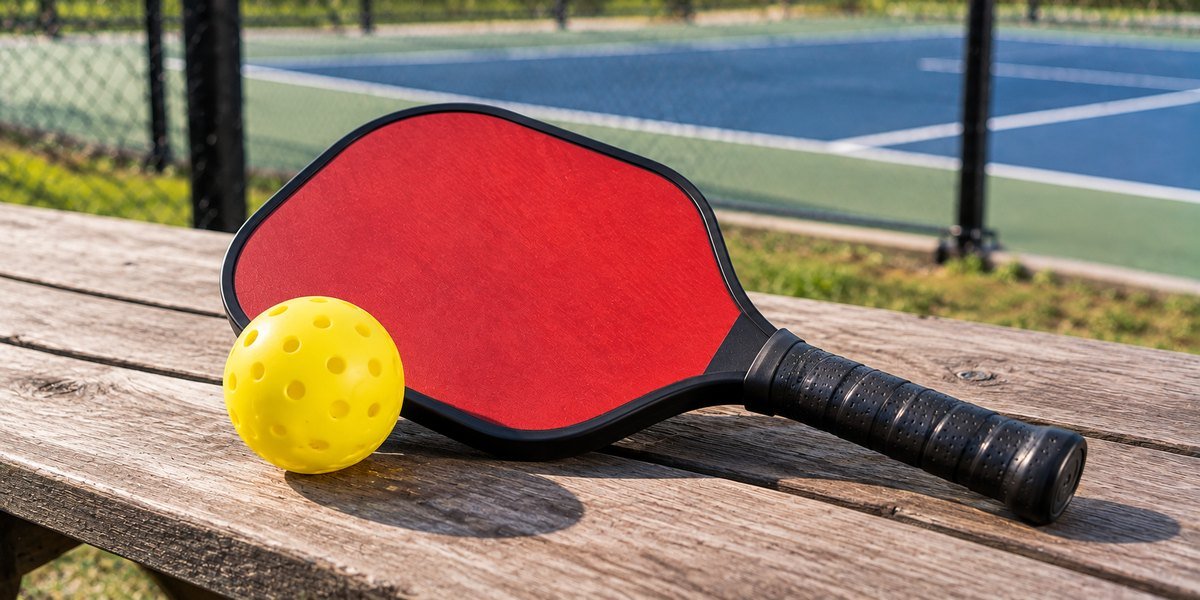 Red pickleball paddle and yellow ball on a picnic table by the court