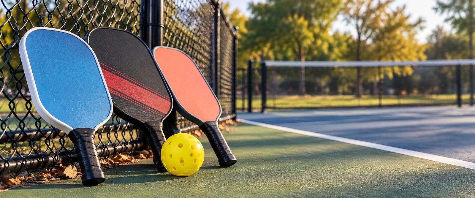 Blue, black and coral pickleball paddles leaning on a court fence with a yellow ball