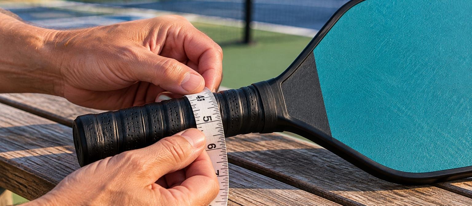 Hands wrapping a tape measure around a pickleball paddle grip to check grip size