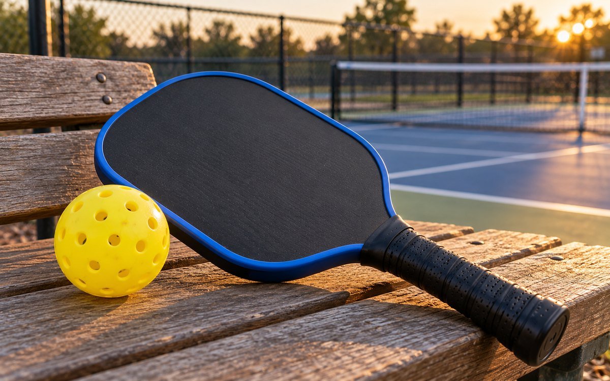 Black pickleball paddle with a blue edge on a bench at sunset with a ball