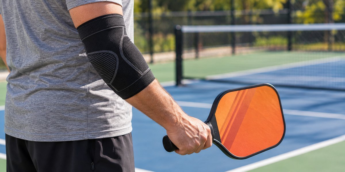 Player wearing an elbow sleeve holding an orange pickleball paddle