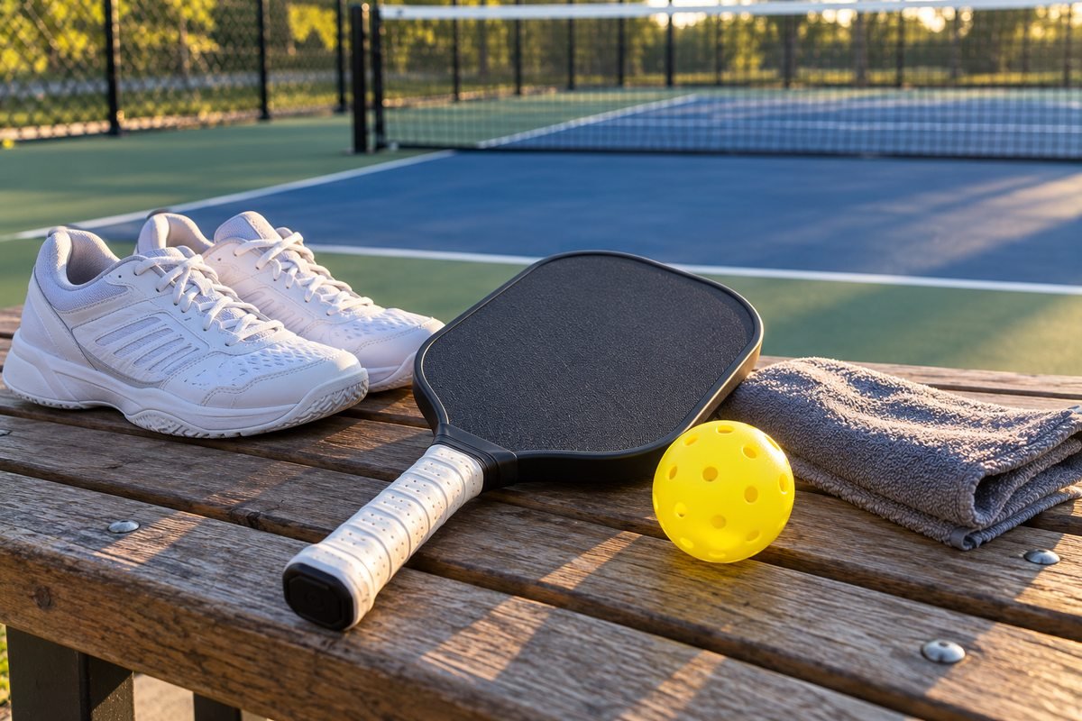 White court shoes, black paddle with white grip, ball and towel on a bench