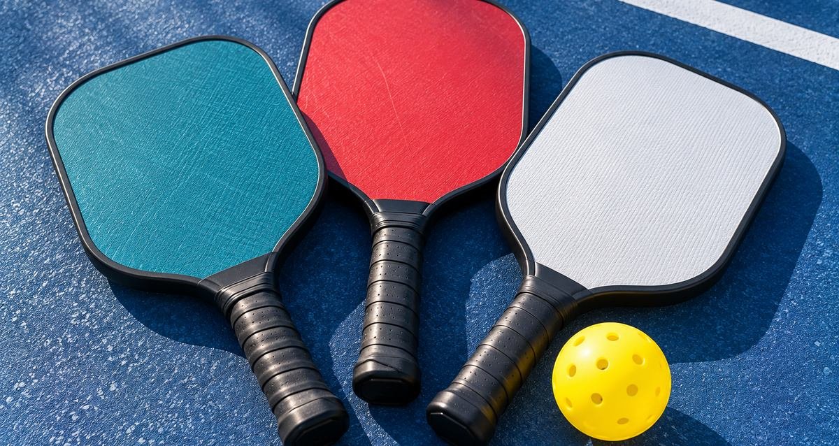Teal, red and white pickleball paddles fanned out on a court with a ball
