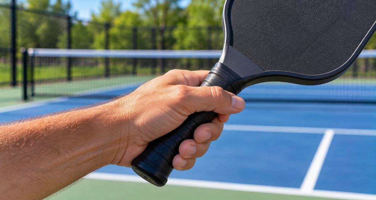 Hand holding a paddle in a relaxed continental grip on a pickleball court