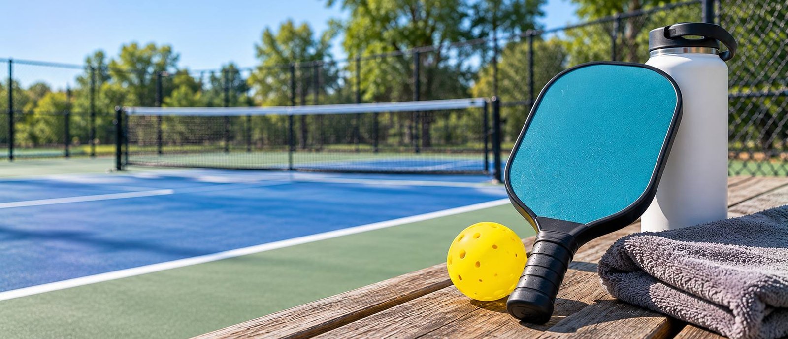 Teal pickleball paddle, ball, water bottle and towel on a courtside bench