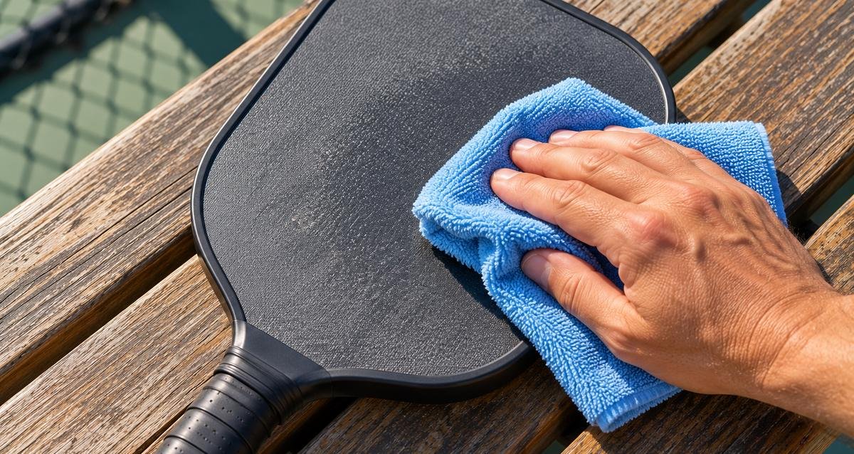 Hand wiping a paddle face with a blue microfiber cloth on a wooden bench