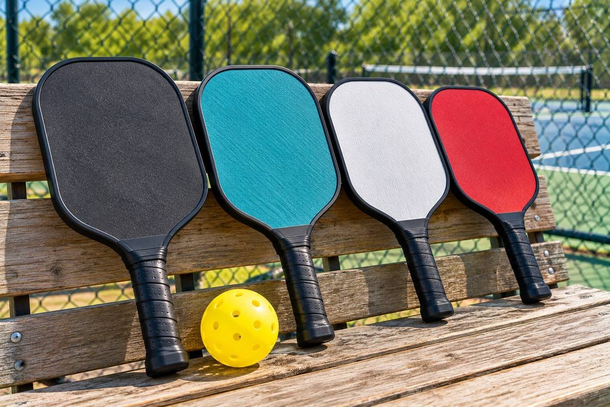 Four beginner pickleball paddles leaning on a courtside bench with a ball