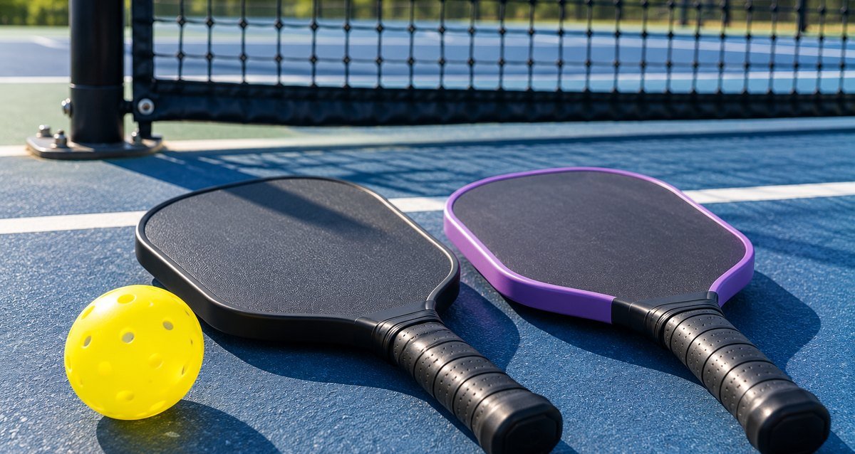 Black paddle and purple-edged paddle side by side on a court near the net