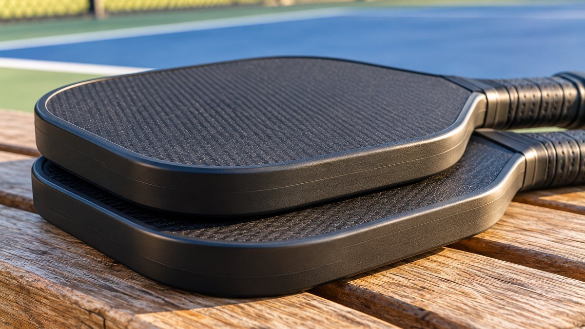 Two black pickleball paddles stacked on a bench, showing their edges