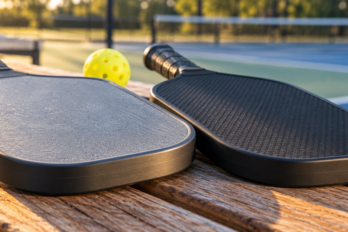 Gray and black foam core paddles on a courtside bench with a ball