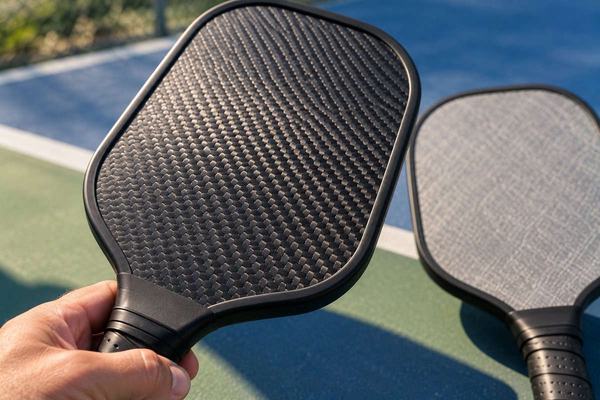 Hand holding a carbon fiber paddle face with a fiberglass paddle behind