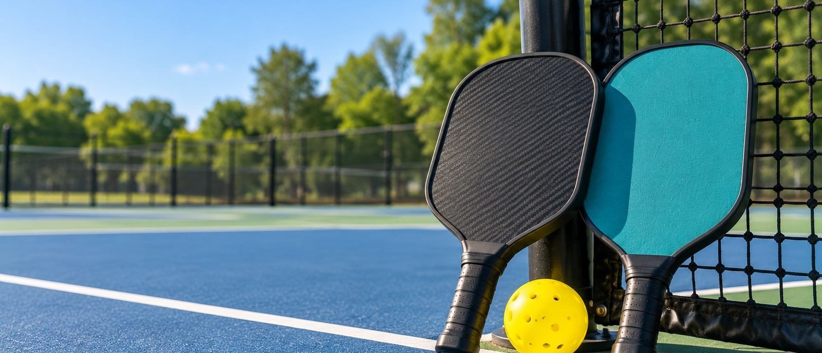 Black carbon and teal pickleball paddles leaning on the net post with a ball
