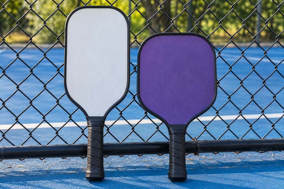 Elongated white paddle and standard purple paddle against a court fence