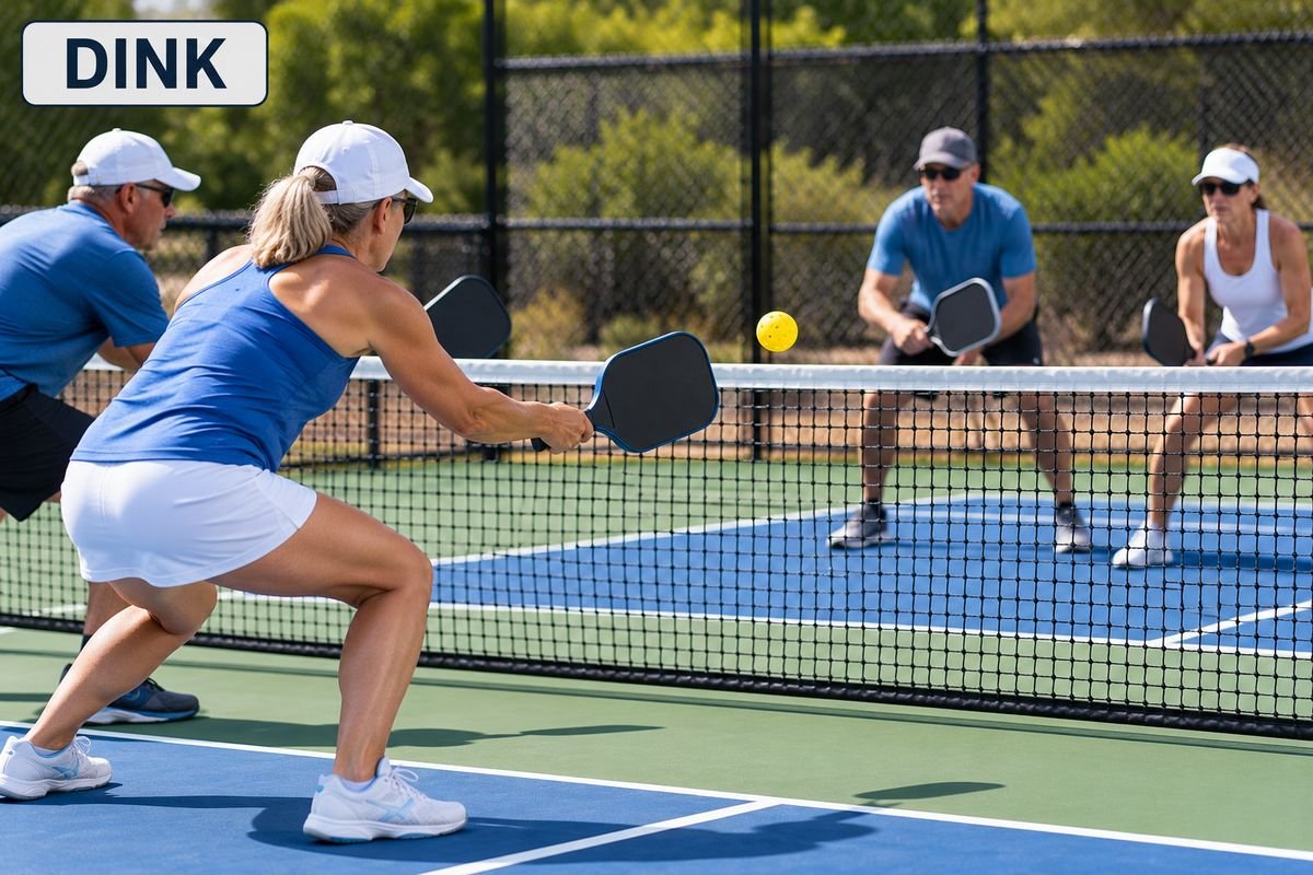 Pickleball players hitting a dink, a soft shot that drops over the net into the kitchen