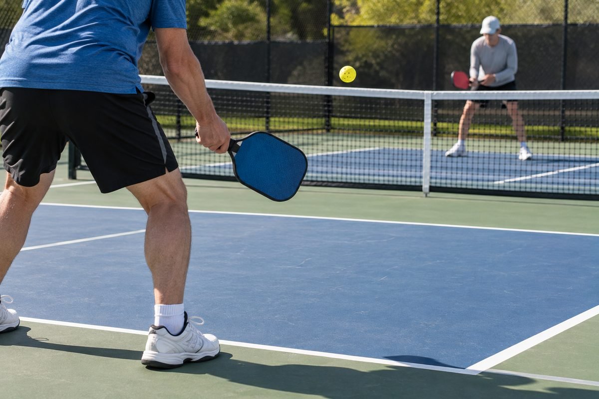 Pickleball drills: two players dinking crosscourt at the kitchen line