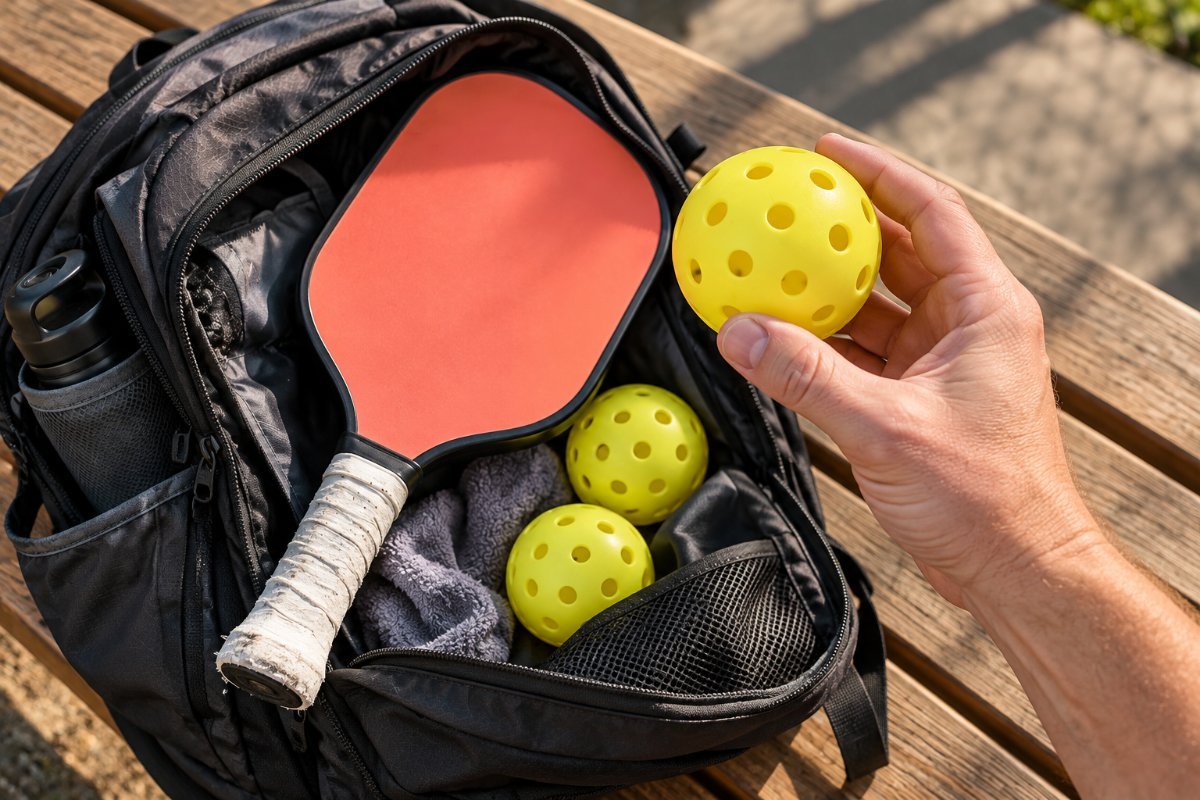 Checking a pickleball bag before buying gifts for pickleball players: coral paddle with a worn overgrip and outdoor balls