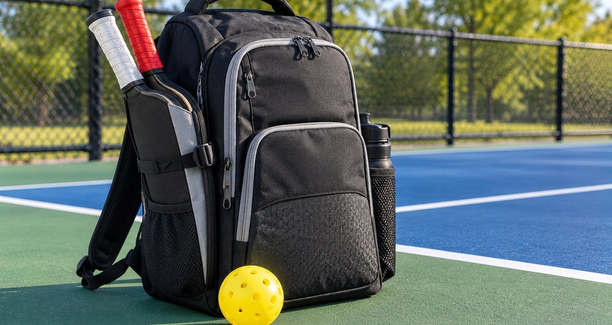 Black pickleball backpack with two paddles in its side sleeve on a court