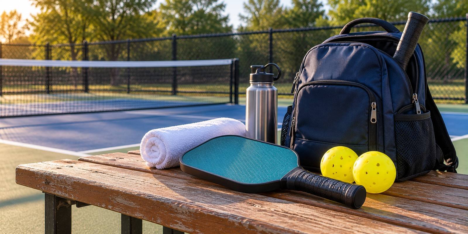 Pickleball backpack, teal paddle, balls, towel and water bottle on a courtside bench
