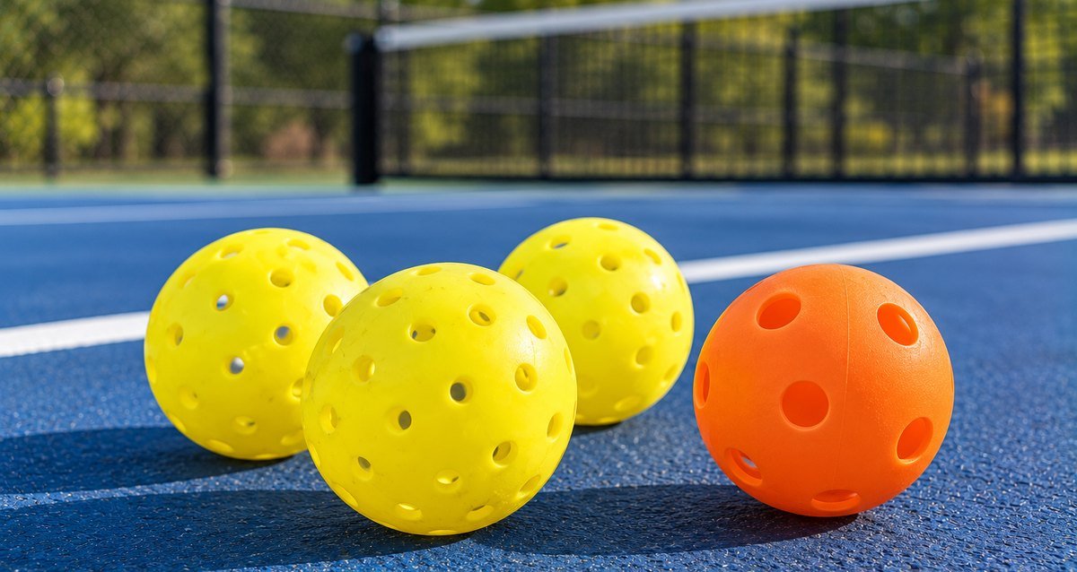 Three yellow outdoor pickleballs beside an orange indoor ball