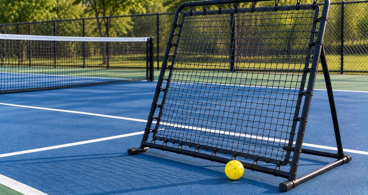 Black frame rebounder net on a pickleball court with a ball at its base