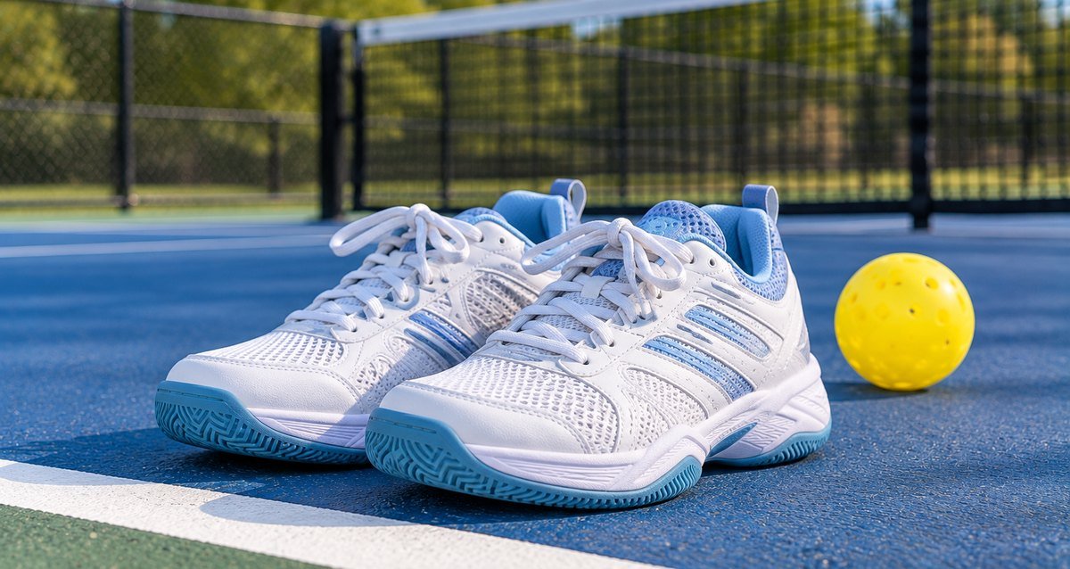 White and light blue court shoes on a blue pickleball court beside a ball