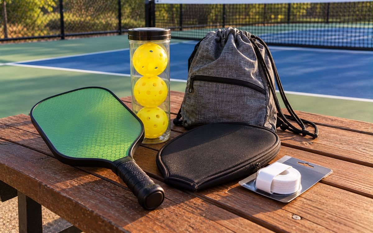 Green paddle, tube of balls, paddle cover, overgrip and drawstring bag on a courtside table
