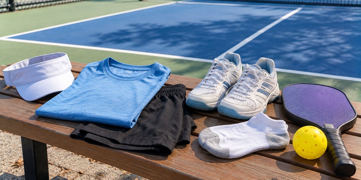 Shirt, shorts, visor, court shoes, socks, paddle and ball laid out on a courtside bench
