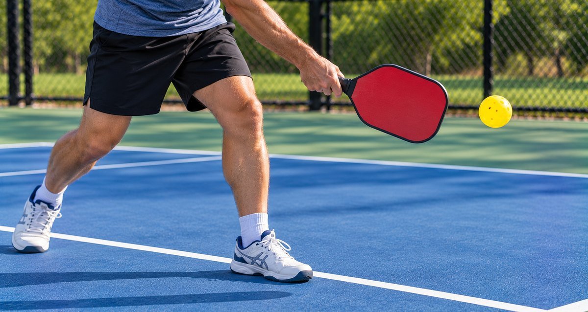 Player hitting a backhand with a red paddle on a blue court