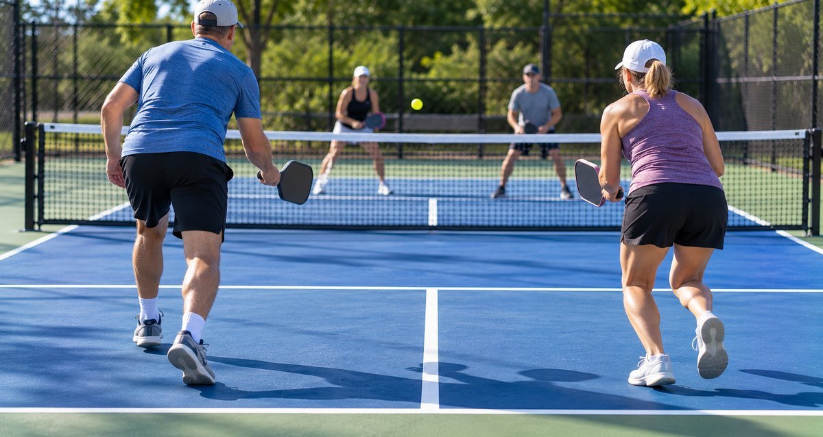 Doubles players moving up to the kitchen line, seen from behind the baseline