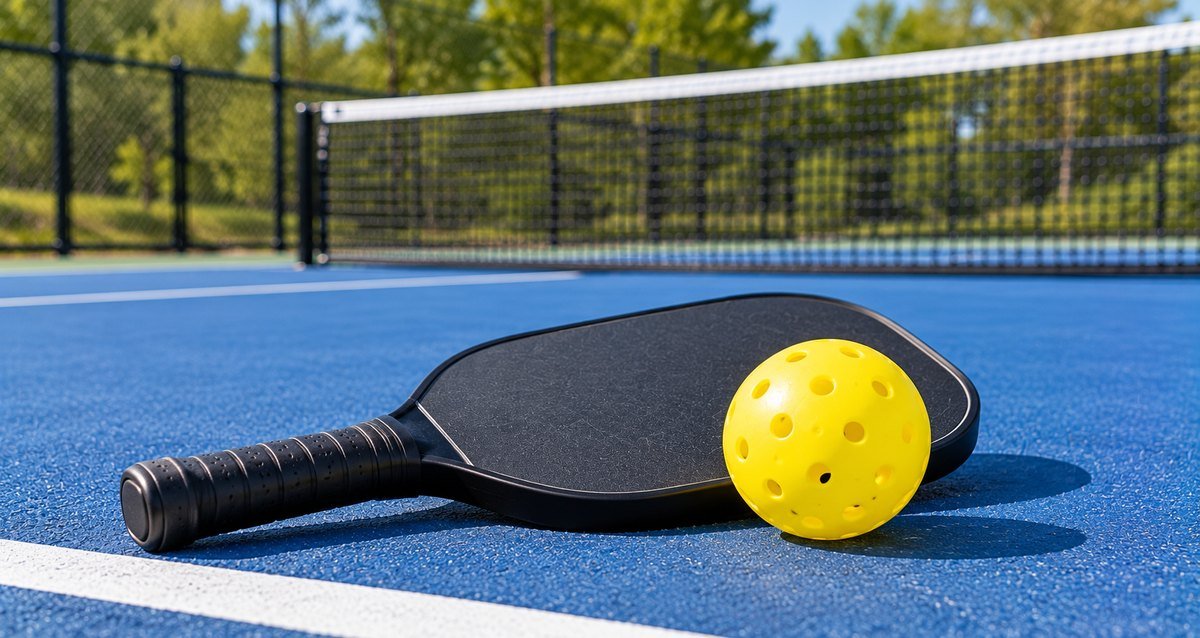 Black pickleball paddle and yellow ball on a blue court near the baseline