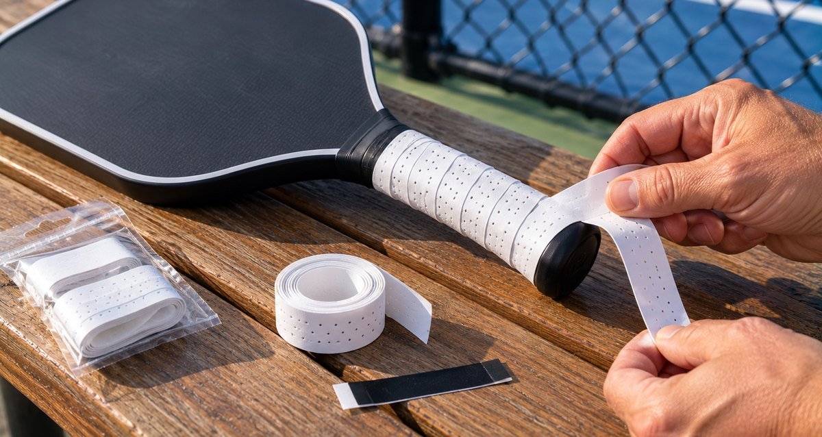 Hands wrapping a white overgrip onto a paddle handle, with spare grips and finishing tape