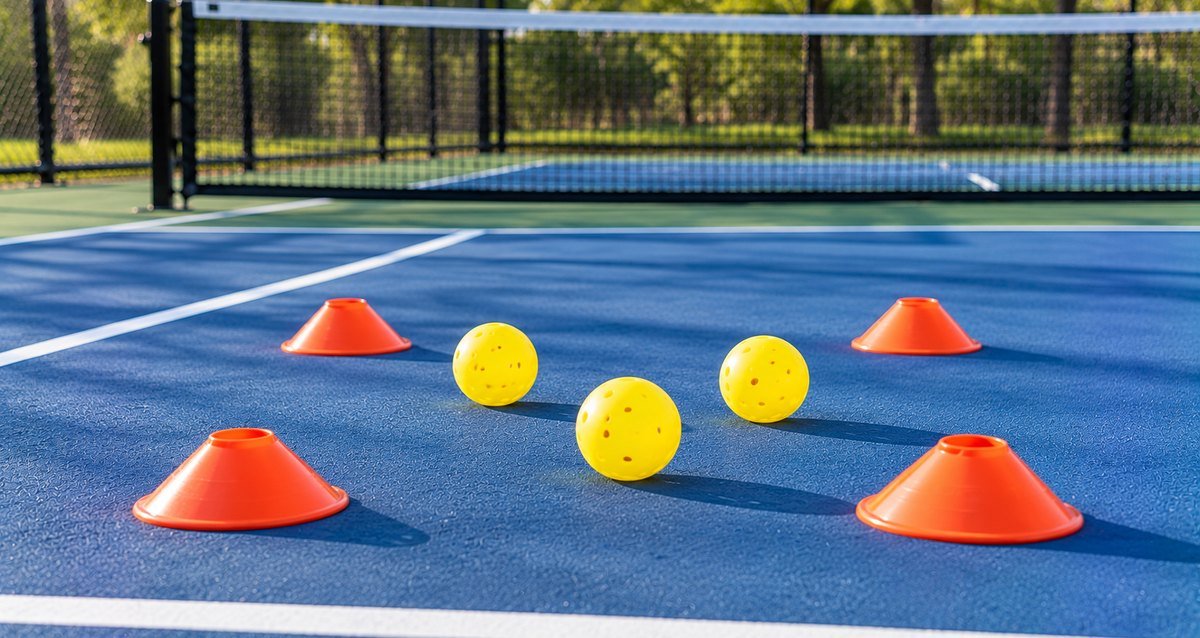 Orange cones set in a square on a court with three pickleballs as targets