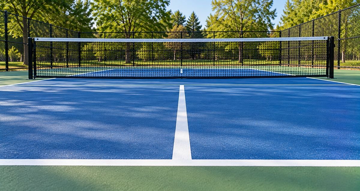 View along the kitchen line toward the net on an empty pickleball court