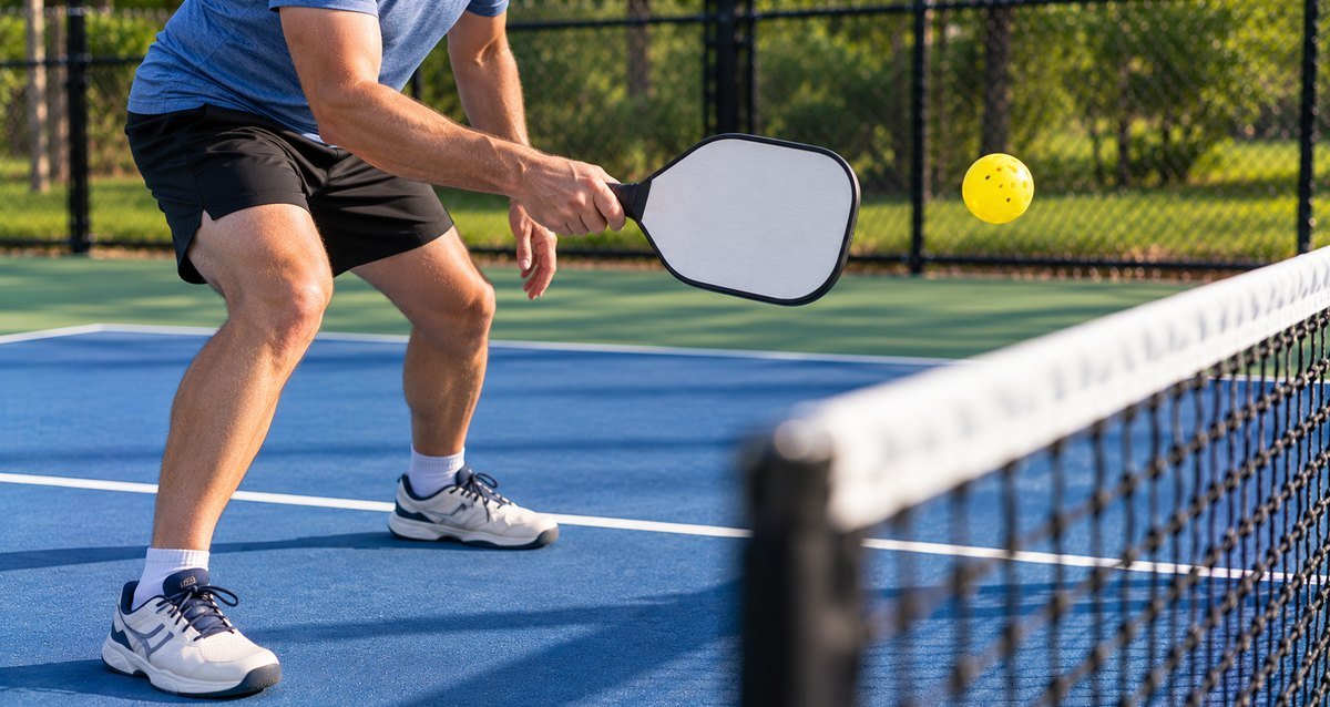 Player in a low ready position dinking a ball over the net with a white paddle