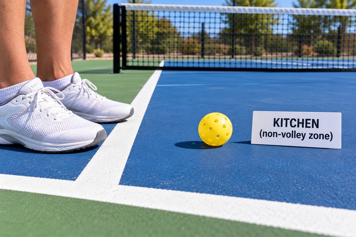 Player's shoes behind the kitchen line, the non-volley zone, on a pickleball court